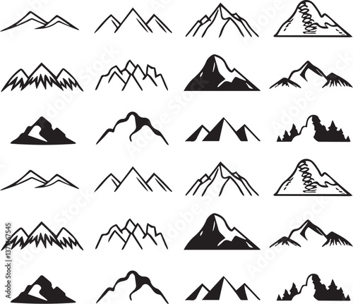 set of mountains illustration vector, set of mountains, mountain silhouette vector black and white