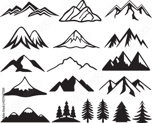 set of mountains illustration vector, set of mountains, mountain silhouette vector black and white