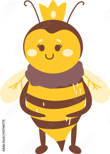 A cute cartoon queen bee with a crown smiling sweetly