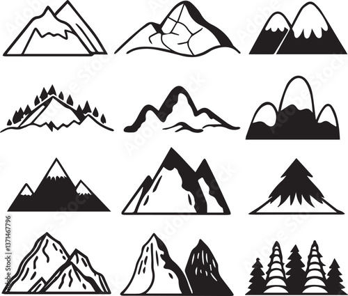 set of mountains illustration vector, set of mountains, mountain silhouette vector black and white