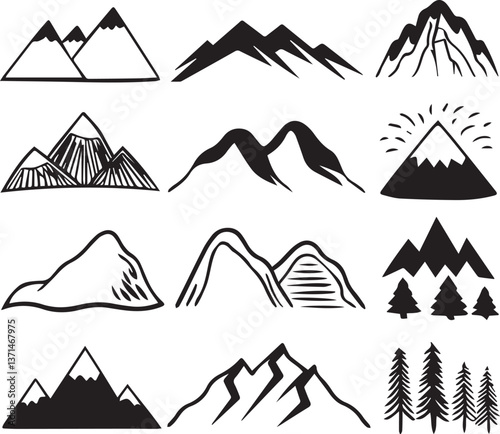 set of mountains illustration vector, set of mountains, mountain silhouette vector black and white