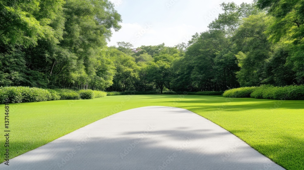 Lush green lawn with paved path through a tranquil forest. A serene landscape of manicured grass, neatly trimmed hedges, and a paved pathway leading through a verdant forest. Lush green lawn with paved path through a tranquil forest. A serene landscape of manicured grass, neatly trimmed hedges, and a paved pathway leading through a verdant forest.