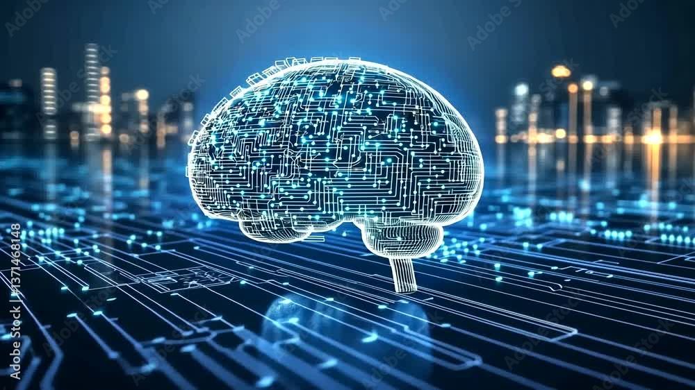 Futuristic digital brain with circuits on a glowing background, symbolizing AI and technology in a cityscape