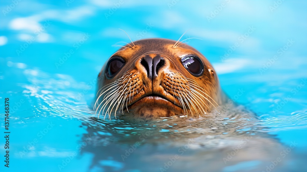 Fototapeta premium Seal swimming in bright blue water shows its face with whiskers and glistening eyes above the surface.
