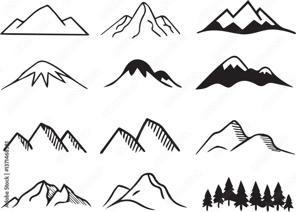 Fototapeta premium set of mountains illustration vector, set of mountains, mountain silhouette vector black and white