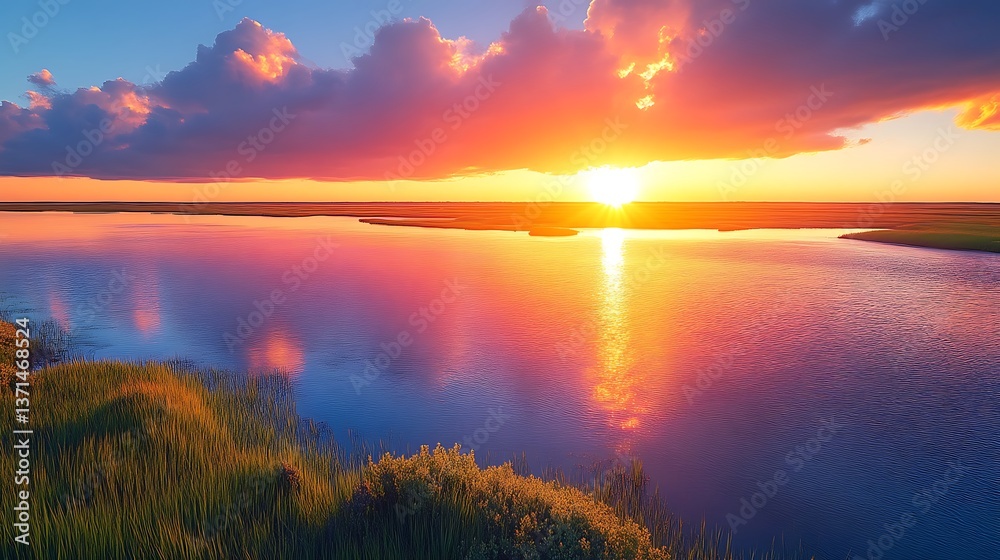 Naklejka premium Beautiful sunset over the calm water of a vast wetland area
