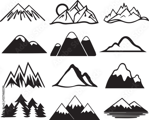 set of mountains illustration vector, set of mountains, mountain silhouette vector black and white