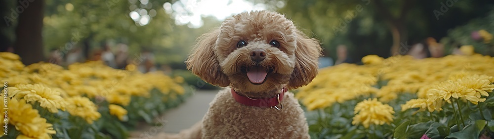 Happy Dog in a Park with Flowers
