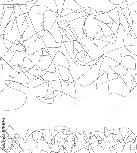 The art is filled with broken and tangled wire or fishing line. There is a horizontal void at the bottom.