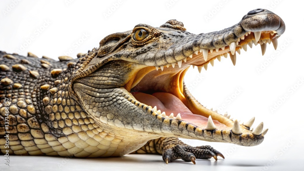 Fototapeta premium Nile Crocodile Kruger National Park Bokeh Portrait Jaws Open Wildlife Photography South Africa Reptile