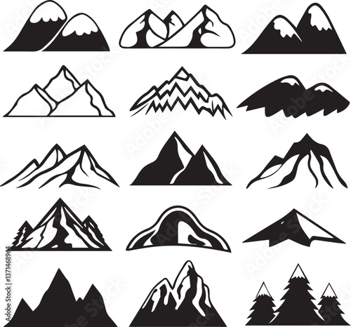 set of mountains illustration vector, set of mountains, mountain silhouette vector black and white
