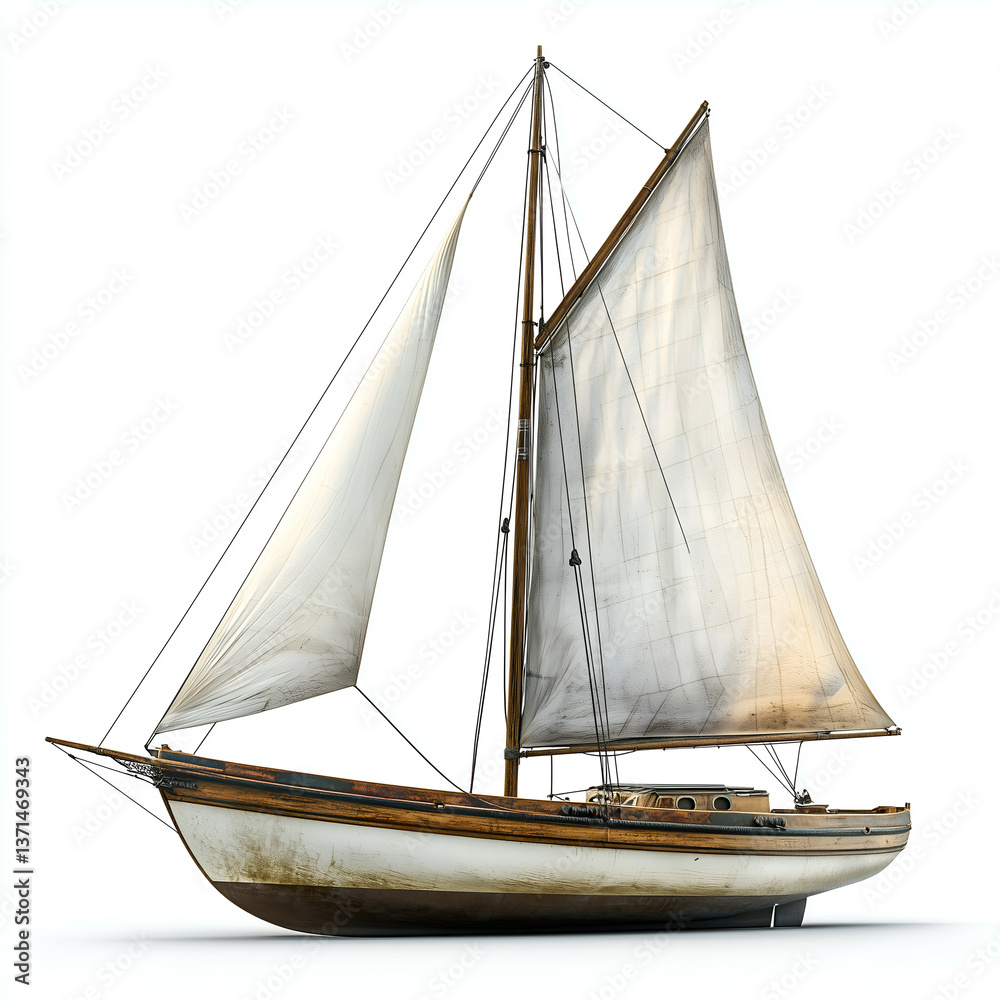 Obraz premium Rustic Wooden Sailboat on a Nautically Scenic Ocean Adventure at Sunset