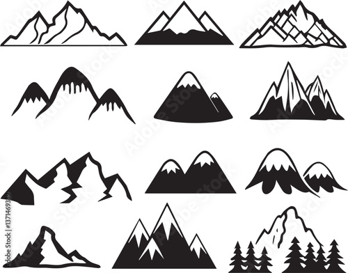 set of mountains illustration vector, set of mountains, mountain silhouette vector black and white
