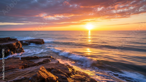 Sunset over the ocean with rocky cliffs and waves reflecting golden light.