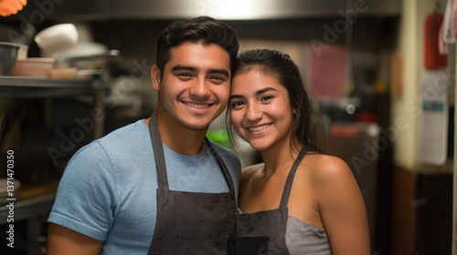 Happy young couple in casual clothing posing in kitchen with aprons and smiling warmly