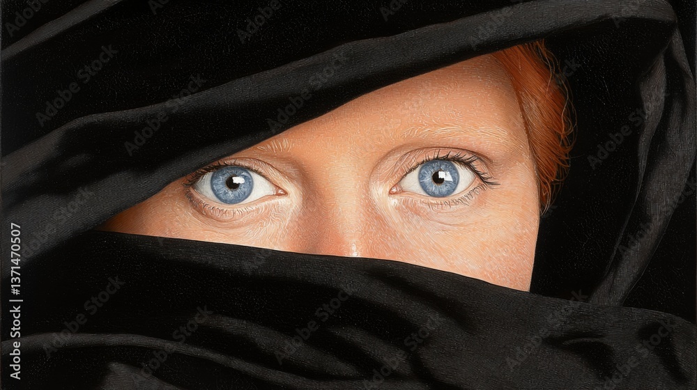 Intense gaze of a woman with striking blue eyes partially covered by fabric Intense gaze of a woman with striking blue eyes partially covered by fabric