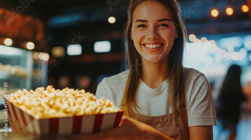 Friendly young movie theater staff offering popcorn with a warm smile