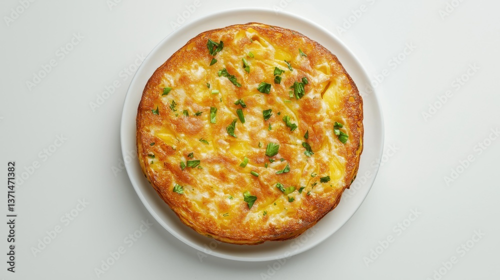 Homemade tortilla de patatas with eggs and herbs on white plate, top view
