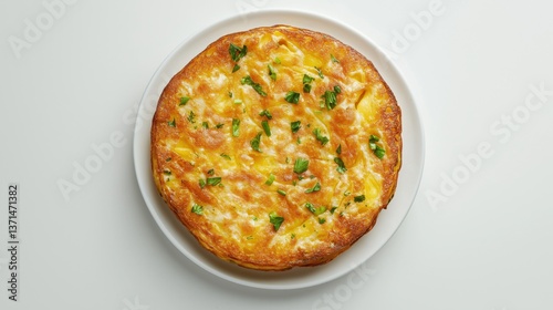 Obraz na płótnie Homemade tortilla de patatas with eggs and herbs on white plate, top view w salonie