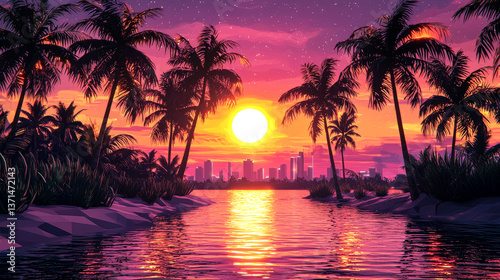 Vibrant Sunset over Tropical City Skyline