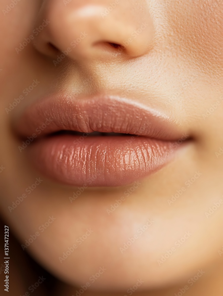 Obraz premium Close-up of woman's lips with subtle smile, natural lighting, warm background, effortless beauty