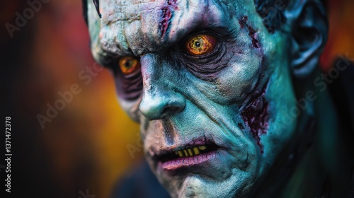 Terrifying zombie with glowing orange eyes and blue decaying skin, horror portrait close-up