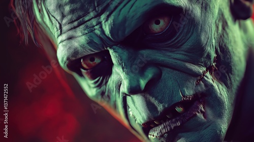 Close-up of creepy green horror creature with stitched mouth and angry glowing eyes