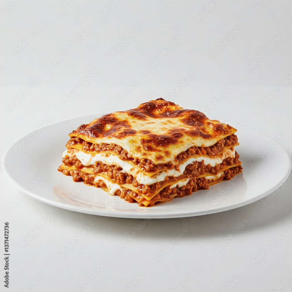 Portion of lasagna on a plate isolated on a white background Portion of lasagna on a plate isolated on a white background