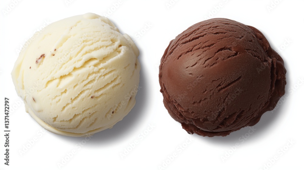 Fototapeta premium Chocolate and vanilla scoops of artisanal ice cream on clean white surface
