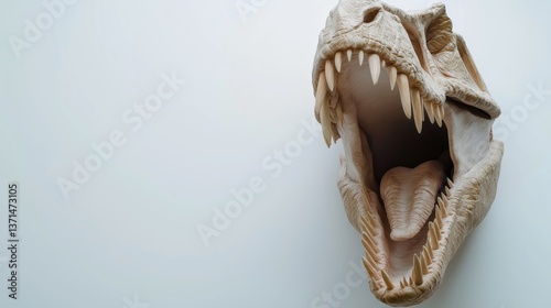 Close-up of Tyrannosaurus Rex skull with mouth open and sharp teeth, isolated on pale background