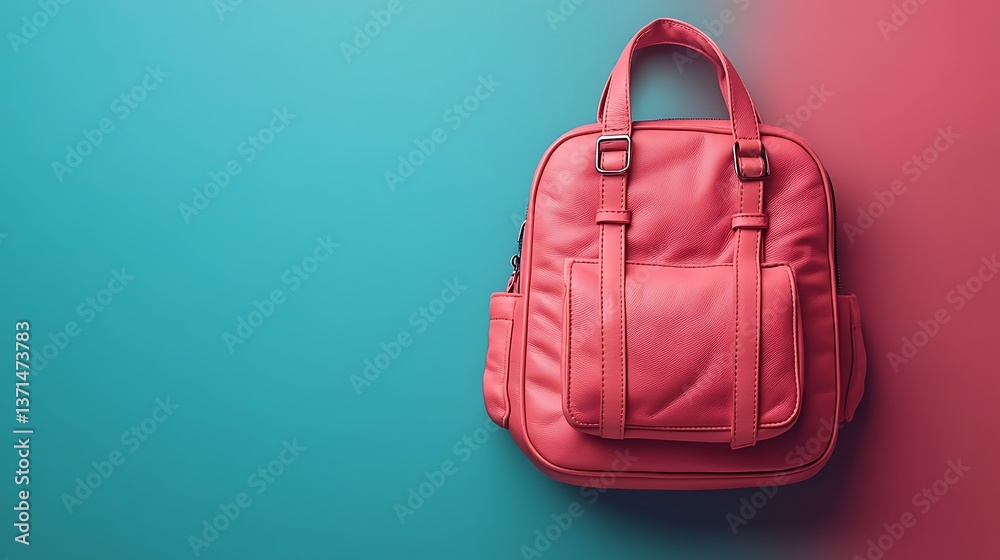 Fototapeta premium A pink leather backpack presented against two contrasting background colors