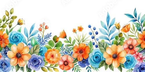 Vibrant Watercolor Floral Border, Orange Blue Flowers, Bokeh, White Background, Artistic Illustration
