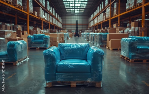 Wrapped in plastic, a teal sofa sits center stage in a vast warehouse, surrounded by rows of packaged furniture awaiting distribution.