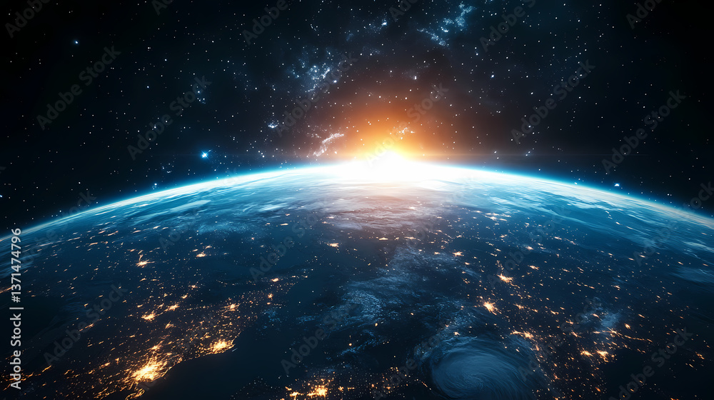 Obraz premium Celestial Dawn: A breathtaking panorama of planet Earth against the backdrop of a star-studded cosmos, showcasing the radiant glow of sunrise over the horizon, inspiring awe and wonder.