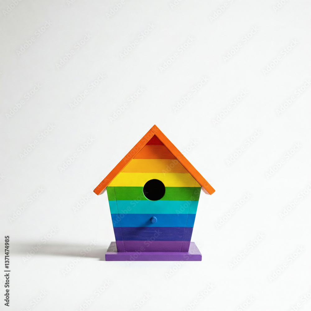 Rainbow birdhouse on a white background. Copy space for text. Rainbow birdhouse on a white background. Copy space for text.