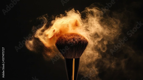 Makeup brush releasing powder creating a cloud against dark background