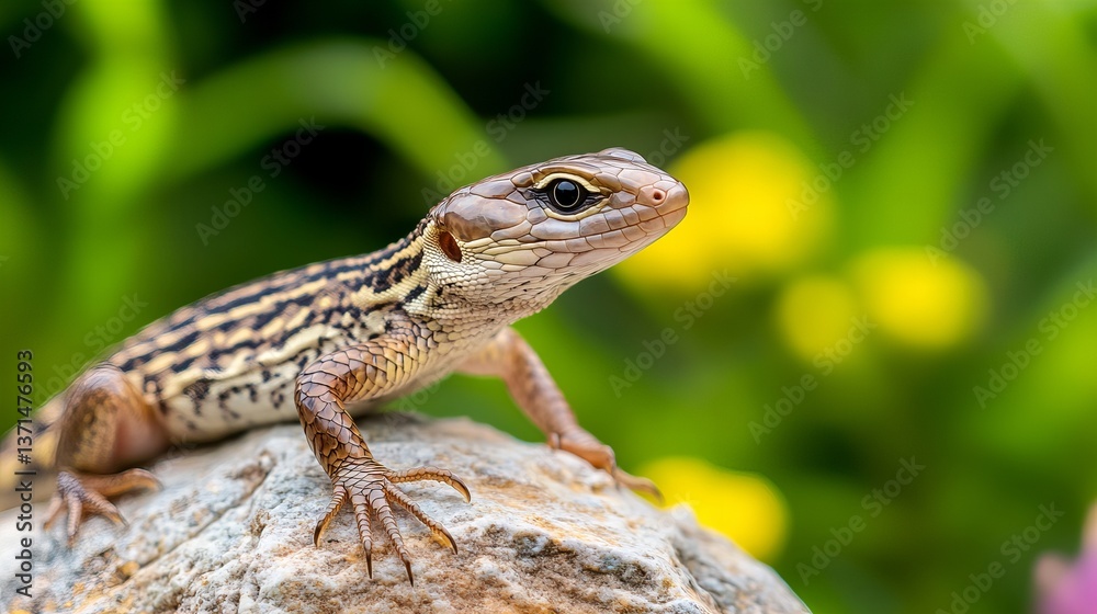 Striped skink rests on a rock outdoors with a blurred green and yellow floral background, basking in the daylight. Striped skink rests on a rock outdoors with a blurred green and yellow floral background, basking in the daylight.