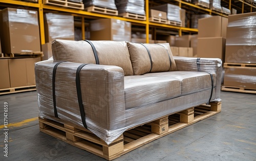 Shrink Wrapped Sofa Ready For Shipment Warehouse Setting Brown Couch Pallet Logistics Delivery