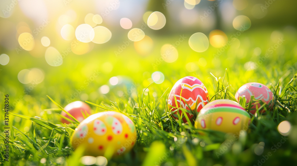 Easter egg hunt on grass, spring concept, easter Easter egg hunt on grass, spring concept, easter