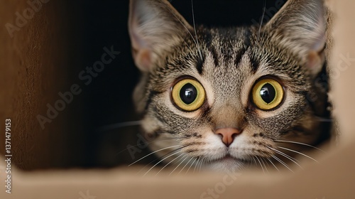 Tabby cat stares intently with wide eyes through a hole in a cardboard box against a dark background.