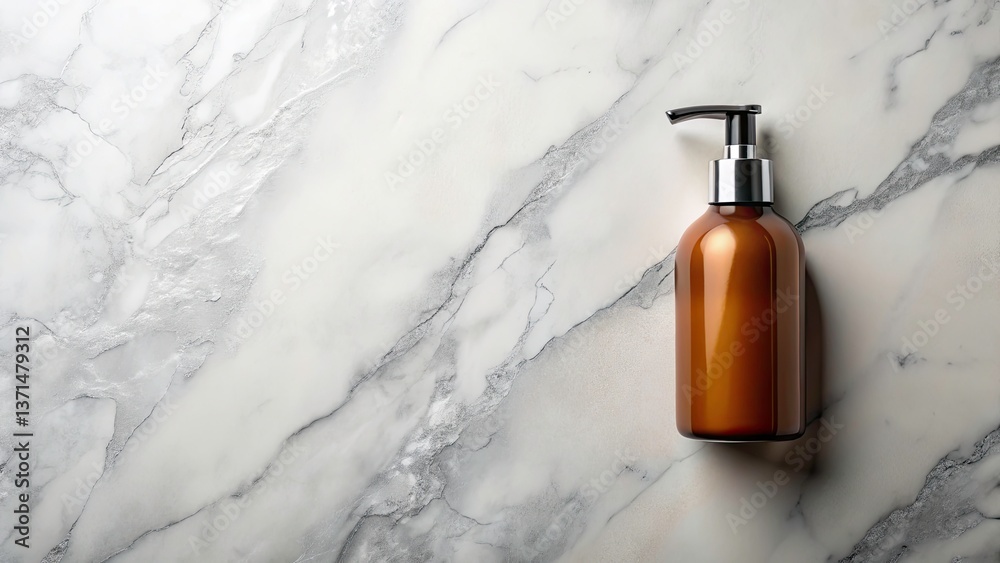 Bird's Eye View of a Shampoo Dispenser on Marble Surface, Clean and Clinical Design with Copy Space for Branding and Text, Flat Lay Aesthetic for Product Photography Bird's Eye View of a Shampoo Dispenser on Marble Surface, Clean and Clinical Design with Copy Space for Branding and Text, Flat Lay Aesthetic for Product Photography