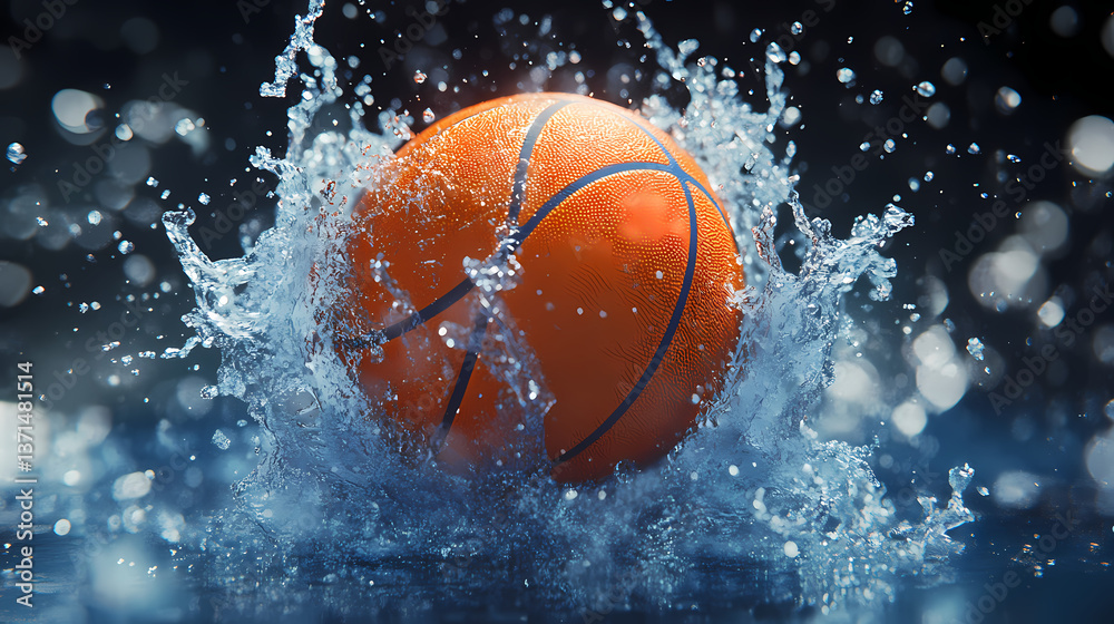Dynamic Splash: A basketball, brilliantly orange against the cool blue of water, creates a splash of action Dynamic Splash: A basketball, brilliantly orange against the cool blue of water, creates a splash of action