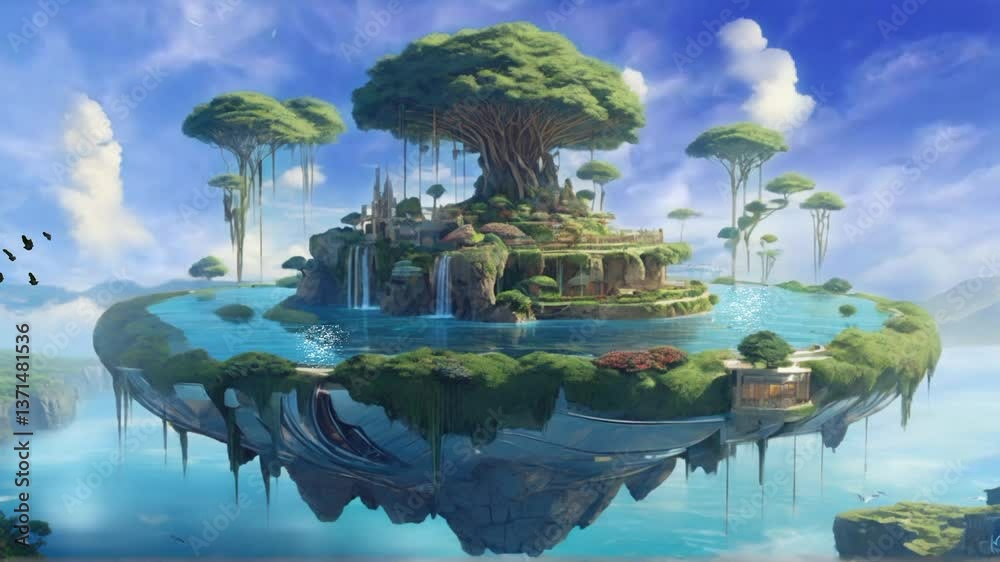 Massive floating island featuring giant magical tree and cascading ...