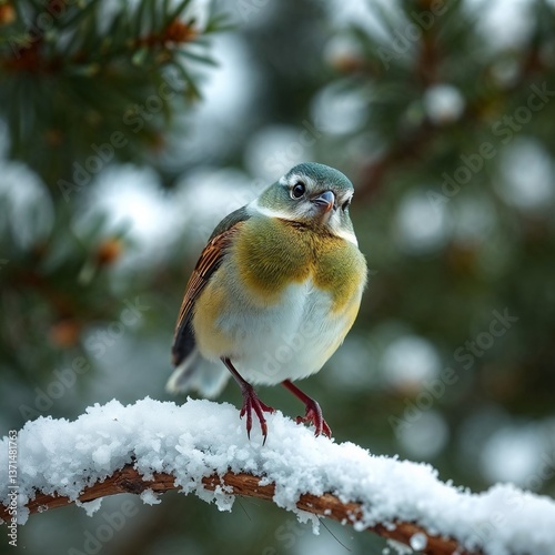 A small bird with colorful plumage perches on a snow-covered branch against a blurred evergreen background.