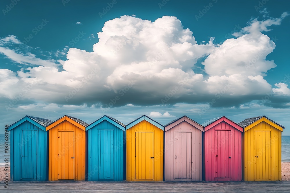 Fototapeta premium Colorful beach huts under dramatic clouds