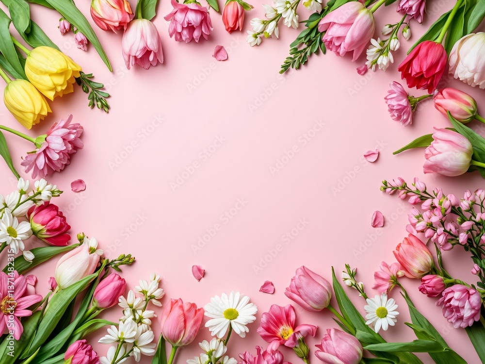 Flowers arranged around pink backdrop, soft colors, filled with spring vibe. Flowers arranged around pink backdrop, soft colors, filled with spring vibe.