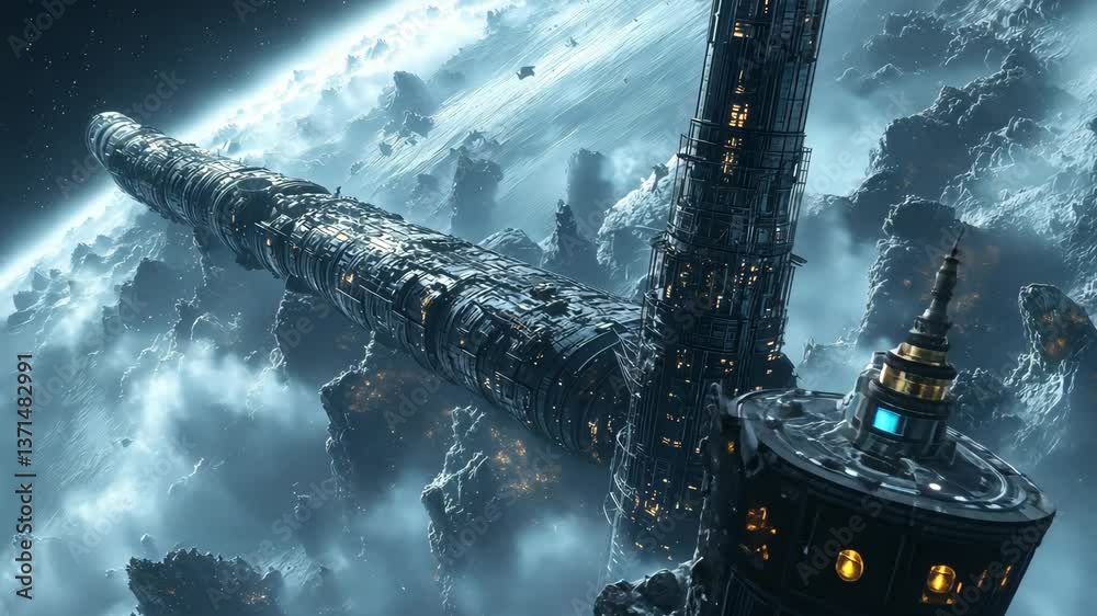 Futuristic spaceship flying above frozen planet