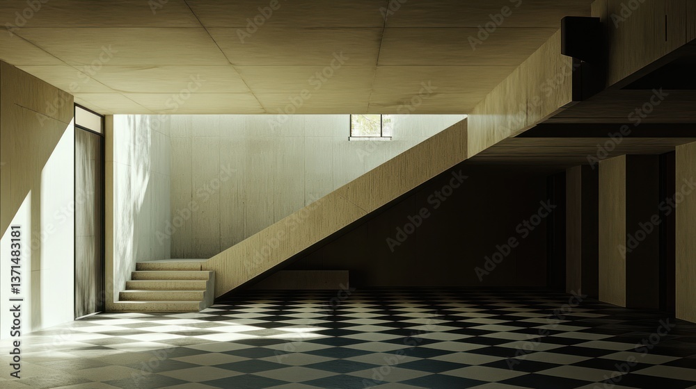 Obraz premium Modern house interior, staircase, sunlight, checkered floor, architectural design