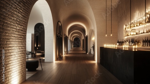Luxurious hotel hallway bar, arched brick walls, candlelit ambiance