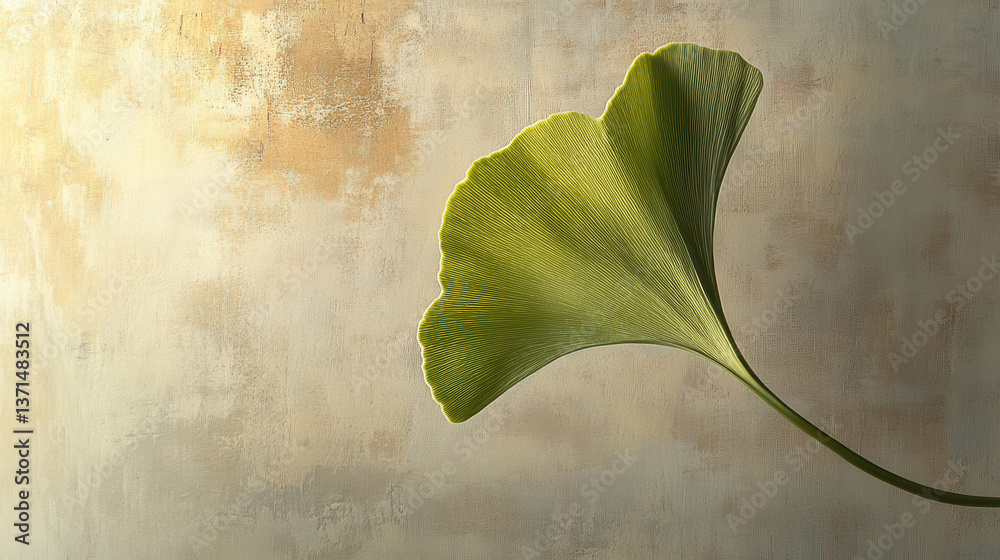 A cinematic close-up of a ginkgo leaf, curved stem, soft gradient of greens